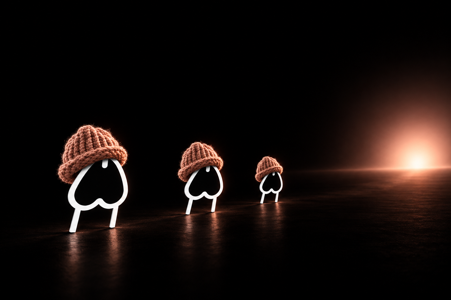 Three beanie characters crossing a dark void toward a warm glow
